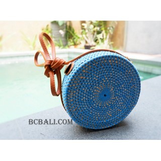 straw synthetic rattan circle bag color blue dongker